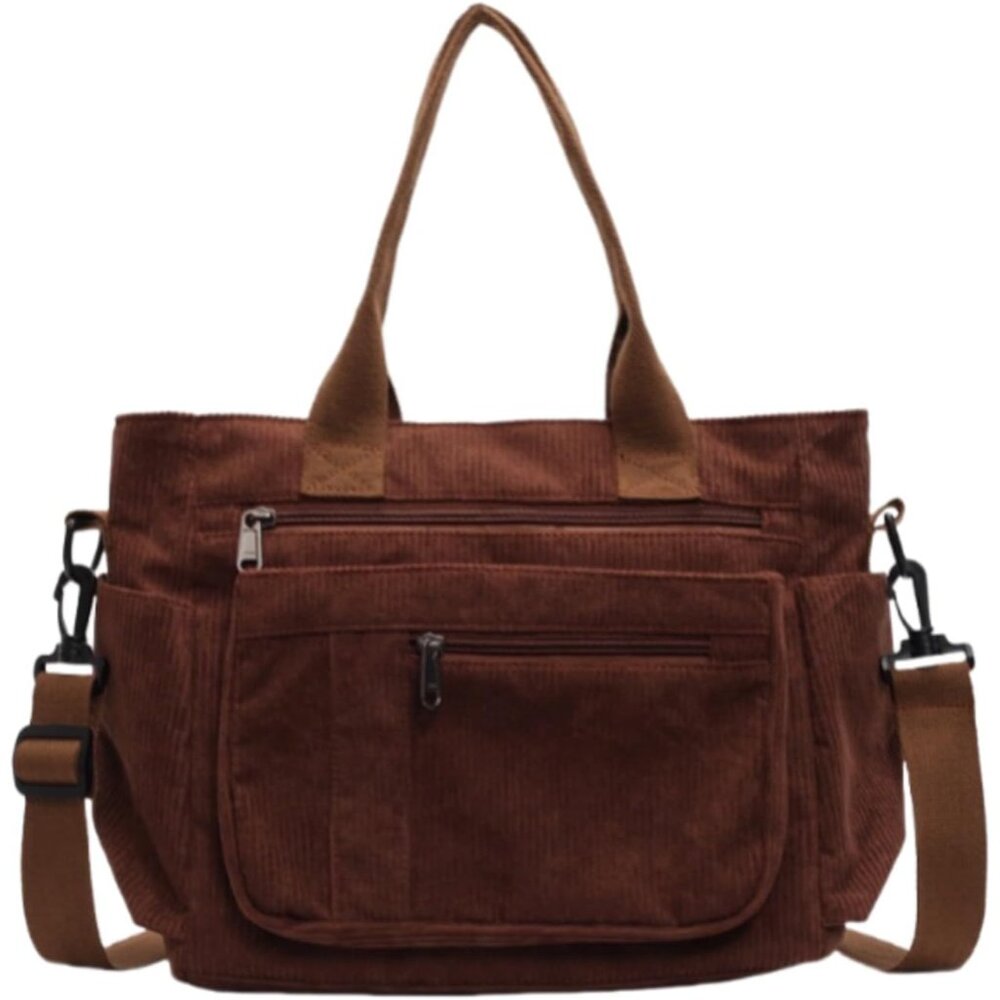 Women's Casual Brown Corduroy Large Capacity Tote Bag with Multiple Pockets